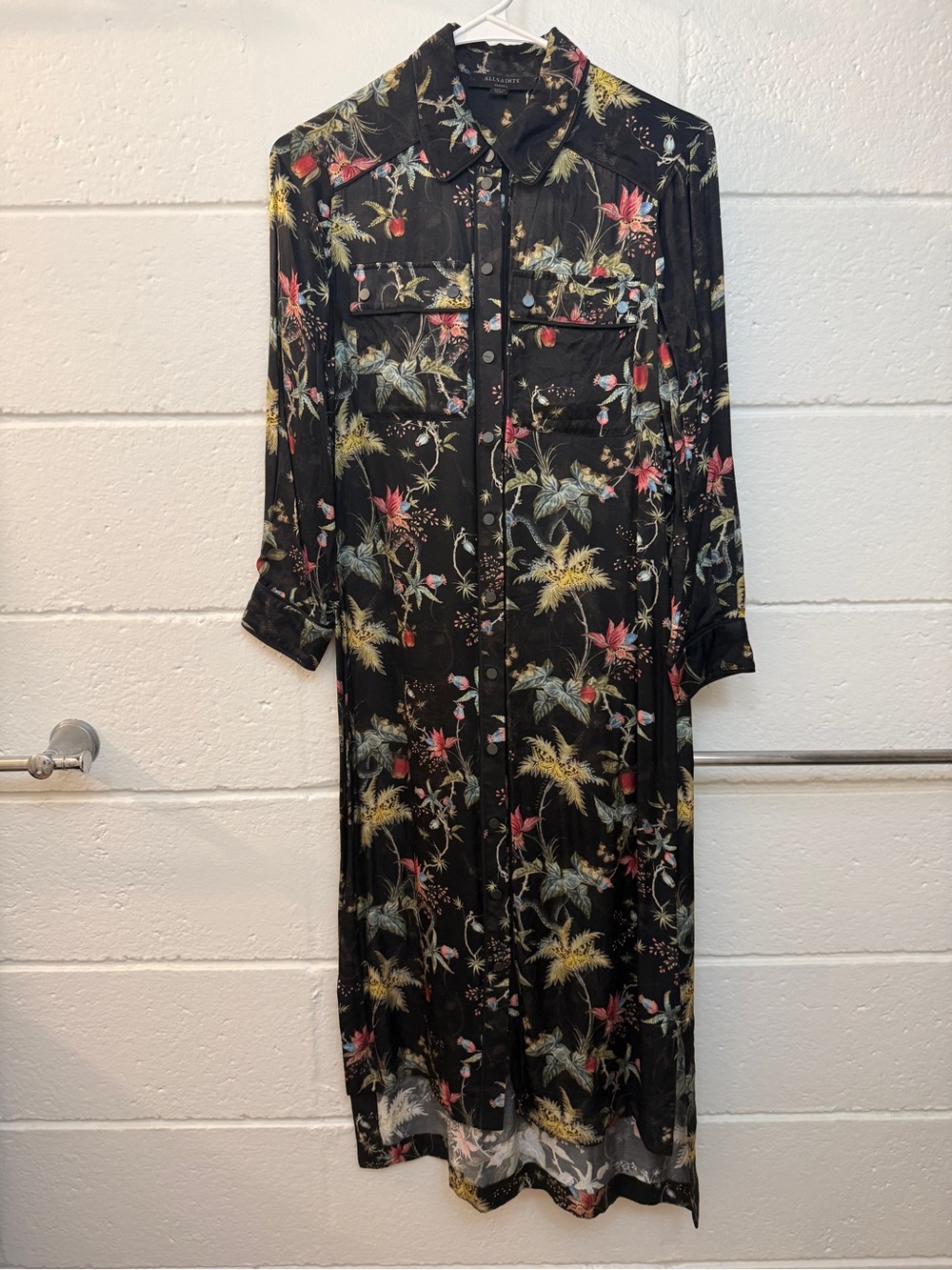 AllSaints Black Floral Long Sleeve Shirt Dress